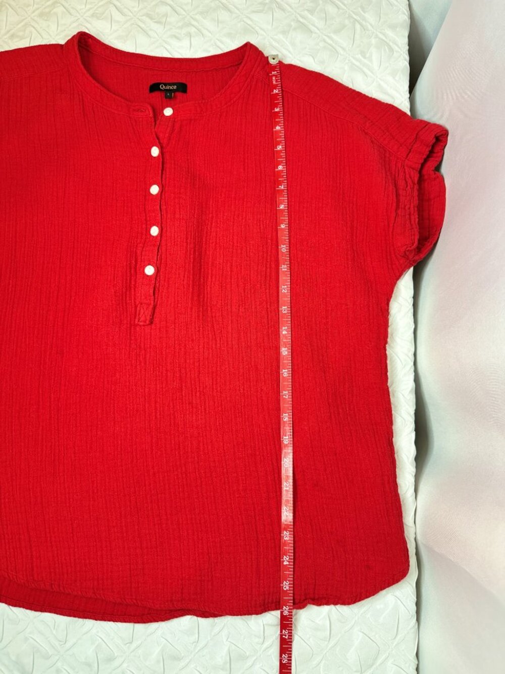 Quince Gauze Cotton Red Short Sleeve Blouse, Large Resort Minimalist Lagenlook - Picture 6 of 9
